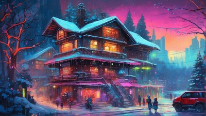 A Cyberpunk Enchanted Winter Evening At A Festive House 54