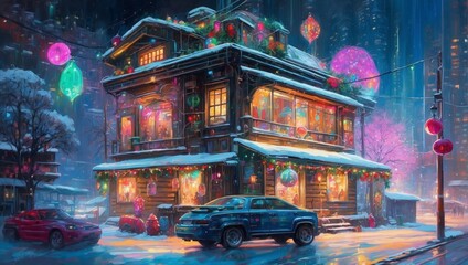 A Cyberpunk Enchanted Winter Evening At A Festive House 65