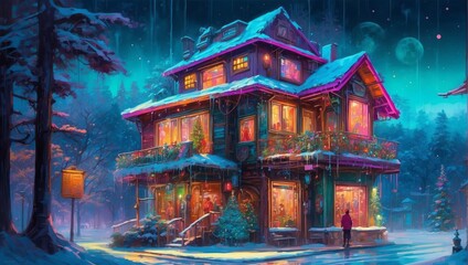 A Cyberpunk Enchanted Winter Evening At A Festive House 66