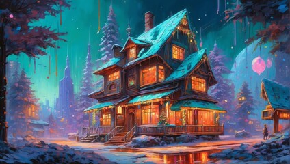 A Cyberpunk Enchanted Winter Evening At A Festive House 71