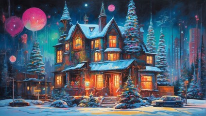 A Cyberpunk Enchanted Winter Evening At A Festive House 75