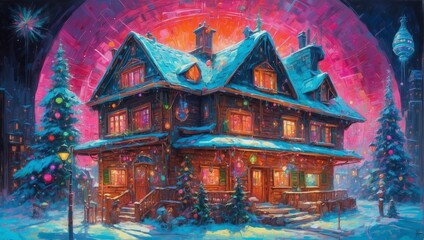 A Cyberpunk Enchanted Winter Evening At A Festive House 72