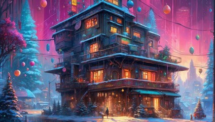 A Cyberpunk Enchanted Winter Evening At A Festive House 79
