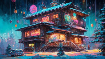 A Cyberpunk Enchanted Winter Evening At A Festive House 78