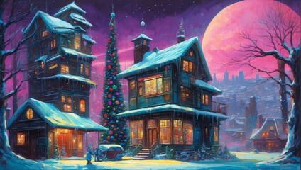 A Cyberpunk Enchanted Winter Evening At A Festive House 91