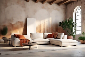 Modern living room interior design in a minimalist Scandinavian style. Generative AI