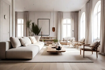 Fototapeta na wymiar Modern living room interior design in a minimalist Scandinavian style. Generative AI