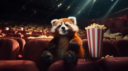Panda eating popcorn in a movie theater.