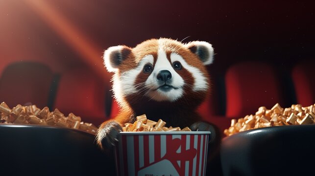 Panda eating popcorn in a movie theater.