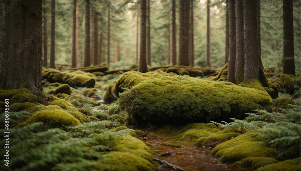 Poster pristine and untouched coniferous forest, with towering pine trees and a carpet of moss - ai generat