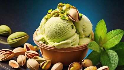 Pistachio gelato is a delightful frozen dessert, featuring the rich and nutty flavor of pistachios. Its creamy texture and green hue make it a delicious and visually appealing treat. - obrazy, fototapety, plakaty