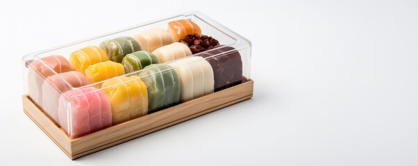 Colorful mochi ice cream in a transparent container, arrayed on a wooden tray. The clear space above is ideal for your banner message.
