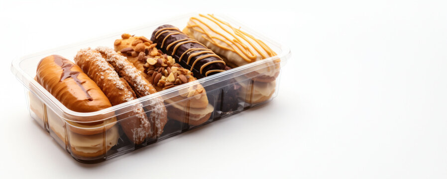 A variety of eclairs with decadent toppings in a clear container, a sweet treat selection. The image's blurred edge is perfect for banner text.