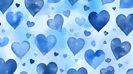 Seamless Background of painted Hearts in blue Watercolors. Romantic Wallpaper