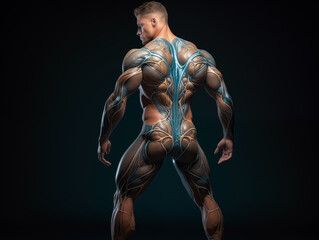Fototapeta na wymiar Young caucasian athletic man with blue futuristic abstract tattoo, on a dark background