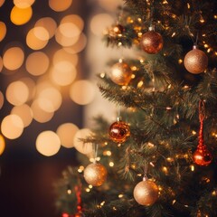 Obraz na płótnie Canvas Festive Radiance: Close-Up of Christmas Tree Lights in Bokeh Brilliance, generative AI
