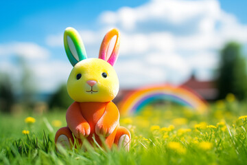 Small rainbow toy rabbit sitting on the green lawn on a summer day against the backdrop of the forest, copy space