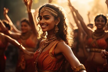 Spirit of celebration: An exuberant dance in traditional attire, wrapped in golden light.