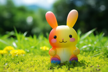 Small rainbow toy rabbit sitting on the green lawn on a summer day against the backdrop of the forest, copy space