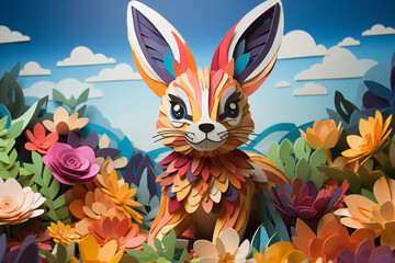 Small papercut rainbow toy rabbit on a summer day against the backdrop of the forest, blue sky, flowers