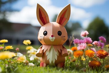 Small papercut rainbow toy rabbit on a summer day against the backdrop of the forest, blue sky, flowers