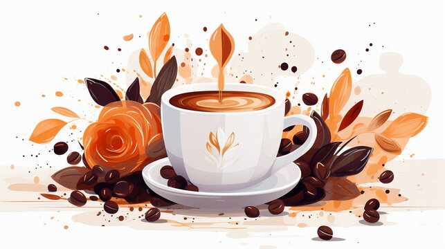 Vectorised drawing of a coffee cup with bean decoration