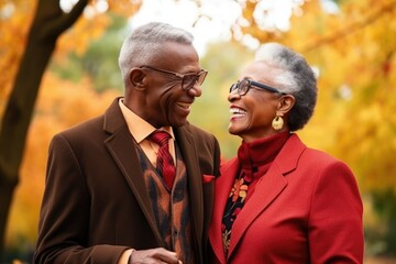 A happy couple of elderly people of african race in autumn stylish clothes, smiling at each other, enjoying life in the autumn park. Generative AI Technology.
