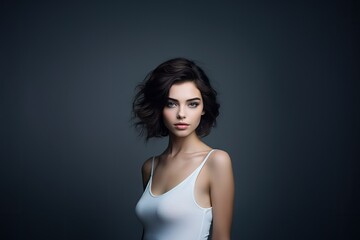 Fototapeta premium Beautiful young woman, in style of minimalism, ultra-realistic photo. Generative AI Technology.