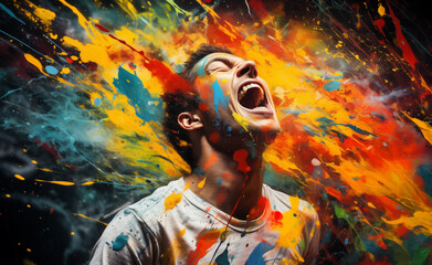 A man screaming with his mouth open and a lot of colorful splatters