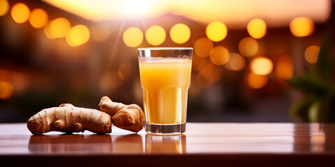 Close up of ginger shot drink with lemon in a glass on wooden table, blurred background - obrazy, fototapety, plakaty