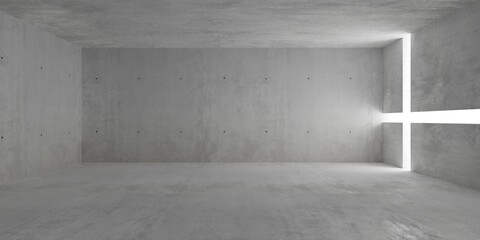 Abstract empty, modern concrete room with cross shaped light stripes in the right wall and rough floor - industrial interior background template - obrazy, fototapety, plakaty