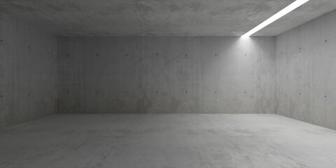 Abstract empty, modern concrete room with vertical light stripe in the ceiling and rough floor - industrial interior background template - obrazy, fototapety, plakaty