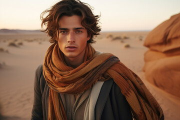 Portrait of a young guy in a scarf in the middle of the desert, generative ai 