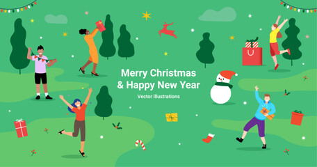 Merry Christmas and Happy New Year People Festival Party and Celebrate Flat Illustration