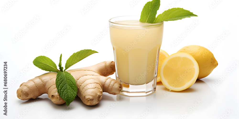 Wall mural Ginger shot drink with lemon in a glass isolated on white background 