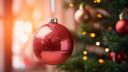 red shiny christmas ball hanging on a tree, generative ai 