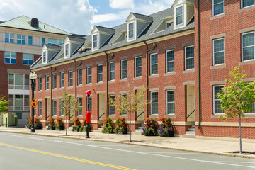 Red brick condo facades in Charlestown, Boston, Massachusetts, USA