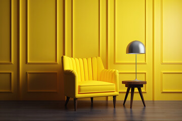 room interior with a yellow chair and wooden flooring, generative ai 