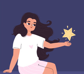 Young girl giving shine star. Cute female character dream, fulfillment of desires metaphor concept. Good luck and happiness, dreaming vector scene