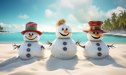 three snowman on a beautiful beach, generative ai 