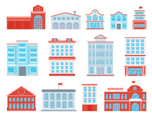 Flat public buildings of city center. Government building and hospital, school and university. Fire station and police department, decent vector clipart