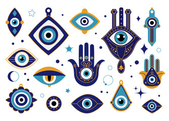 Evil eye amulets. Esoteric turkish or greek blue eyes talisman. Magic protection, sacred symbols and religion icons. Decent vector fantasy collection
