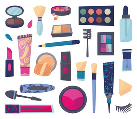 Makeup elements isolated doodle icons. Cosmetics products, female beauty collection. Lipstick, brushes and shadows, mascara tube, neoteric vector set
