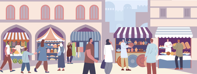 City market scene, asian or arab street marketplace. Oriental mood, vendors at counters and citizens. Shopping on boulevard kicky vector urban concept