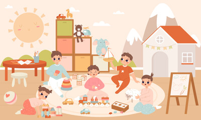 Baby in playroom. Kindergarten or mall or restaurant room for children. Toddlers playing in toys together. Children play in fun game, snugly vector scene