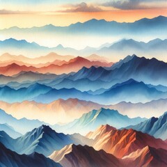 Panoramic watercolor painting illustrating a dynamic range of mountains with rich sunrise hues of blue, orange, and pink, creating a serene yet vibrant landscape. High quality illustration.
