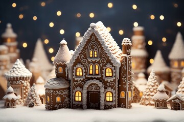Christmas gingerbread house Magical fairy tale castle in snowy winter of sugary dreams
