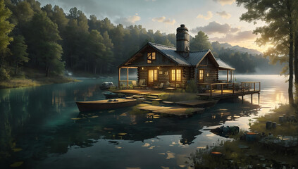 Obraz premium A cabin overlooking a tranquil lake, with a private dock, a rowboat, and a peaceful ambiance that invites relaxation and connection with nature - AI Generative