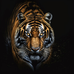 Fototapeta premium Portrait of a Bengal tiger, grin, big teeth. Realistic drawing. Beautiful wild animal.