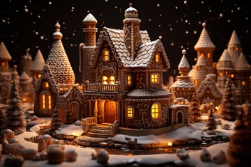 Christmas gingerbread house Magical fairy tale castle in snowy winter of sugary dreams